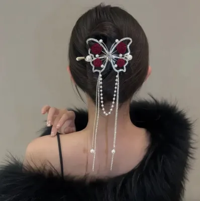 Elegant Red Rose Butterfly Tassel Hair Grip Clip